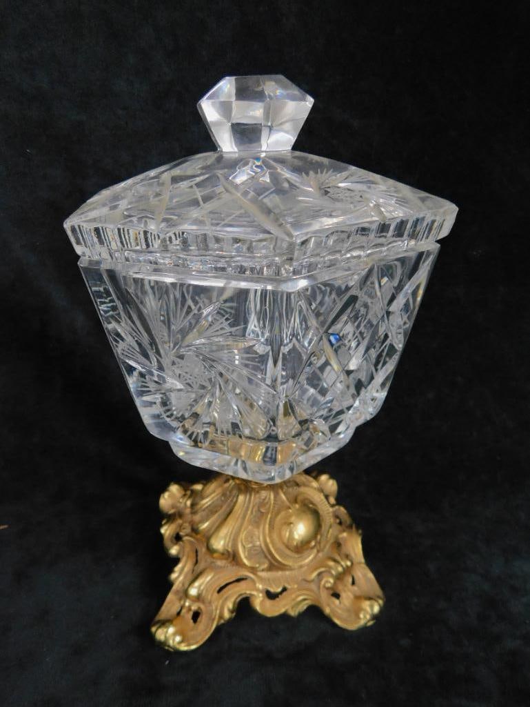 Brass and Glass Footed and Lidded Lead Crystal Candy Dish - 10" x 5.5" x 5.5" - 10