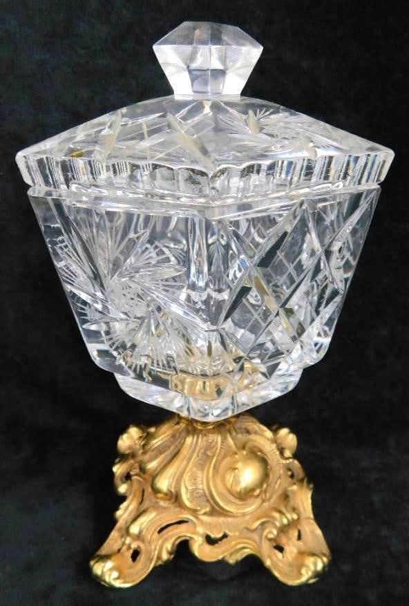 Brass and Glass Footed and Lidded Lead Crystal Candy Dish - 10" x 5.5" x 5.5": See Photos For Condition and Details