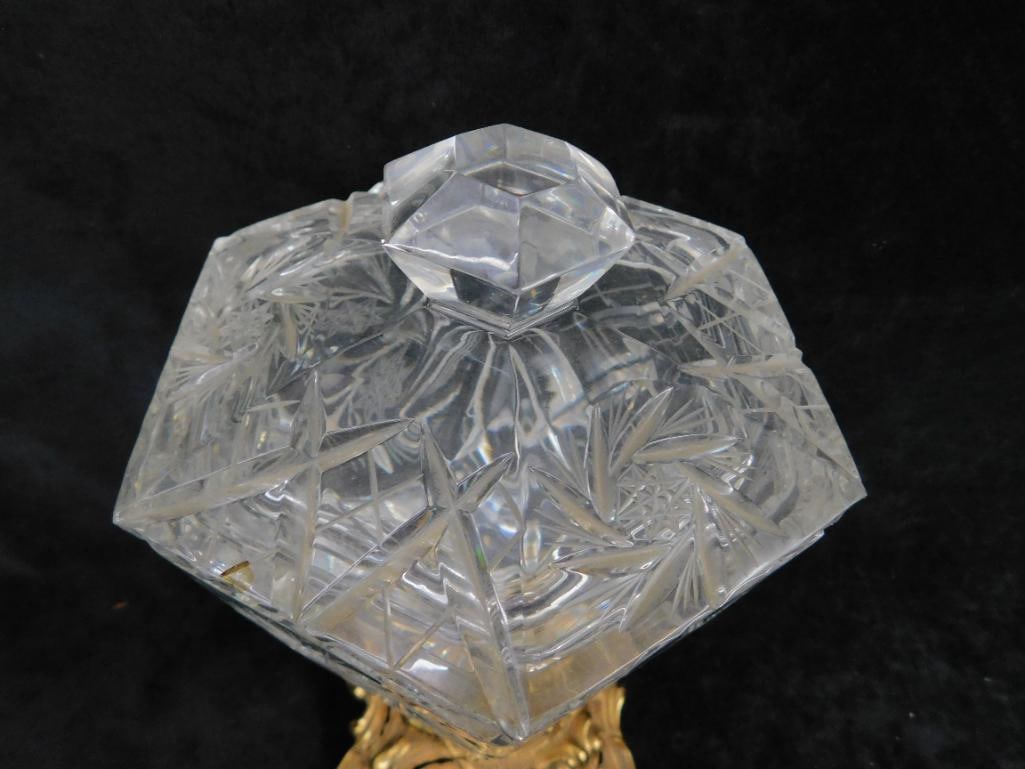 Brass and Glass Footed and Lidded Lead Crystal Candy Dish - 10" x 5.5" x 5.5" - 2