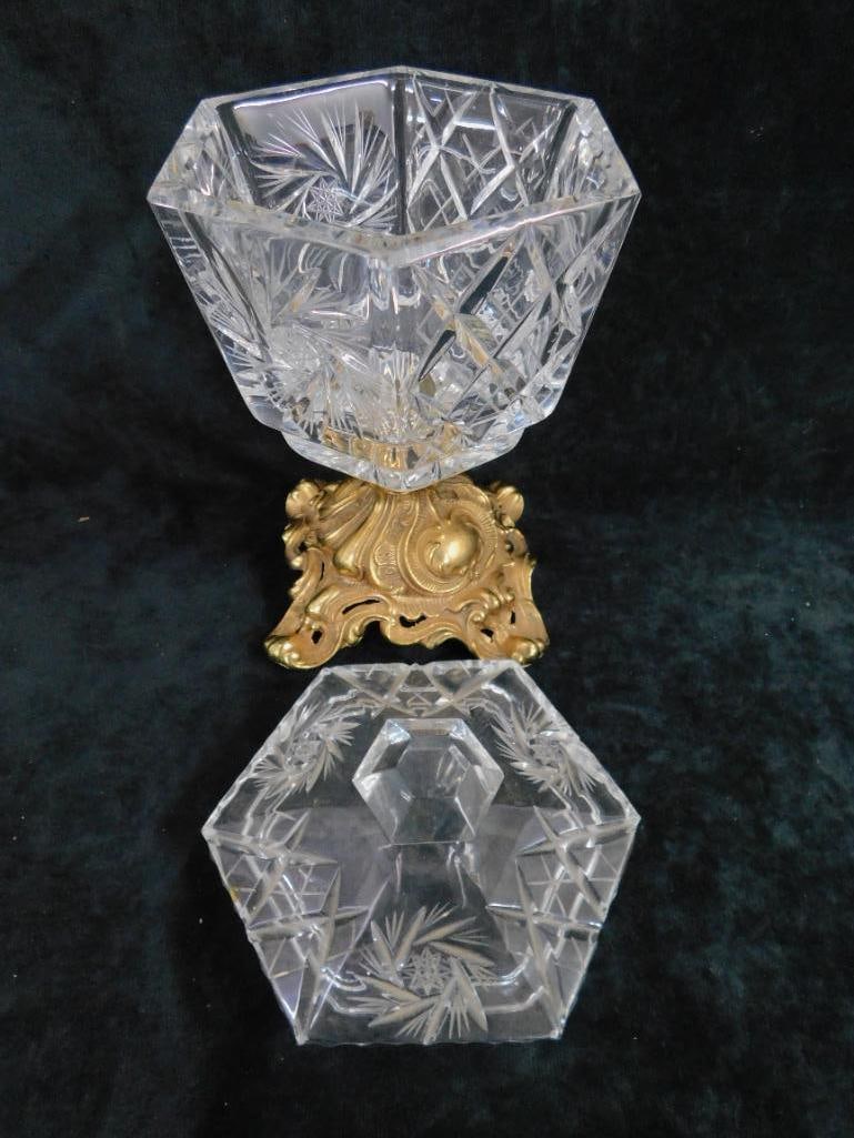 Brass and Glass Footed and Lidded Lead Crystal Candy Dish - 10" x 5.5" x 5.5" - 3