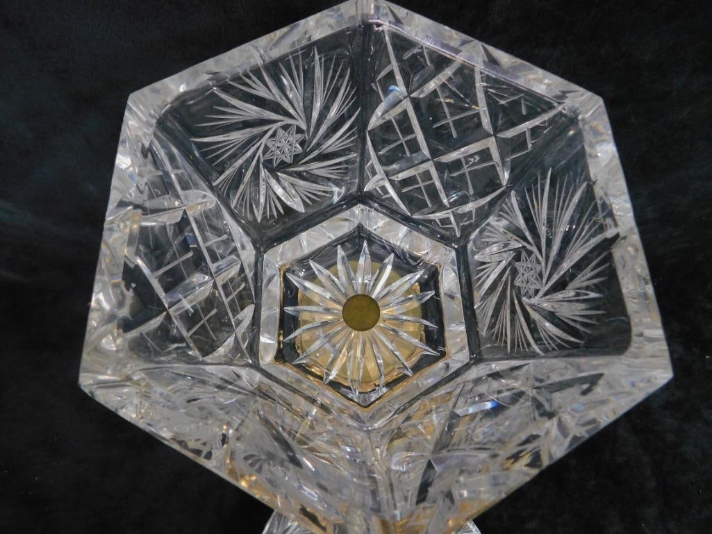 Brass and Glass Footed and Lidded Lead Crystal Candy Dish - 10" x 5.5" x 5.5" - 5