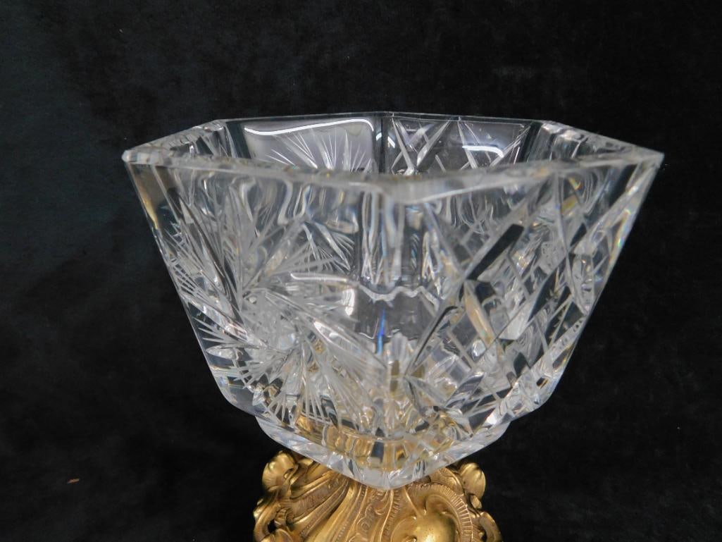 Brass and Glass Footed and Lidded Lead Crystal Candy Dish - 10" x 5.5" x 5.5" - 6