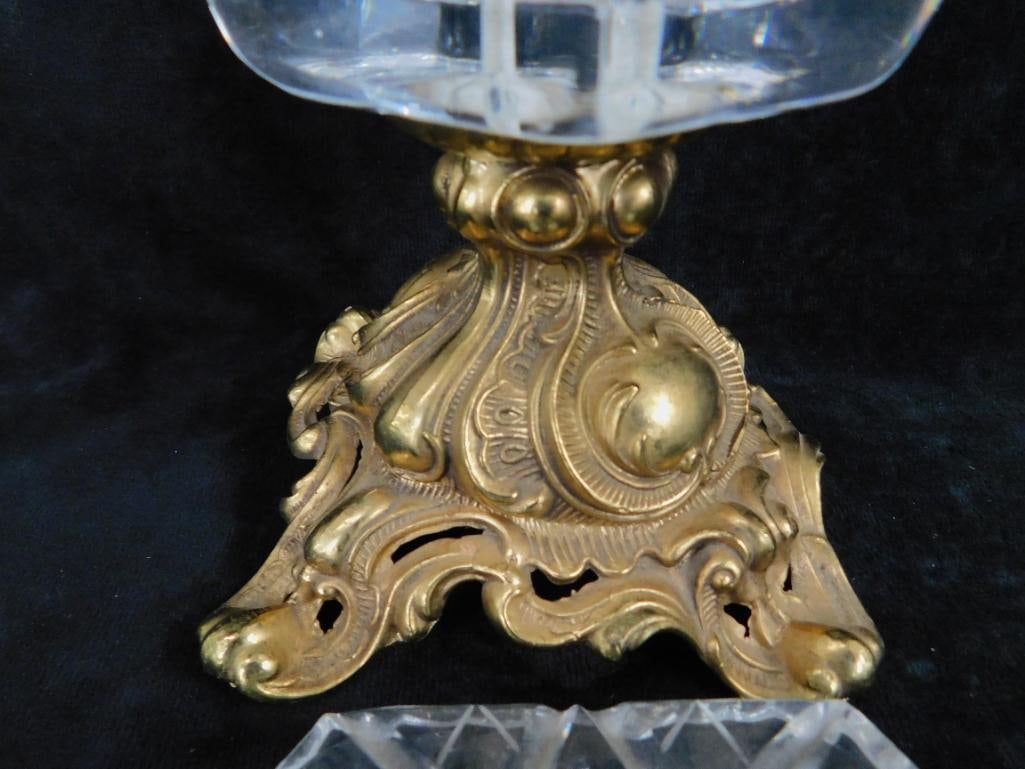 Brass and Glass Footed and Lidded Lead Crystal Candy Dish - 10" x 5.5" x 5.5" - 7