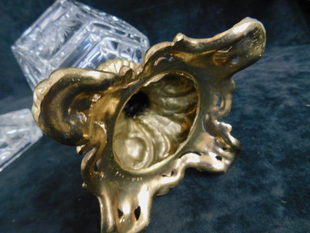 Brass and Glass Footed and Lidded Lead Crystal Candy Dish - 10" x 5.5" x 5.5" - 8