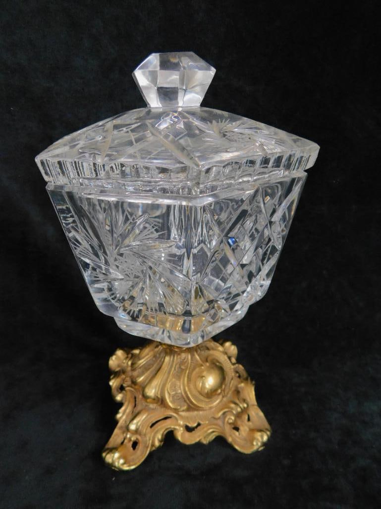 Brass and Glass Footed and Lidded Lead Crystal Candy Dish - 10" x 5.5" x 5.5" - 9
