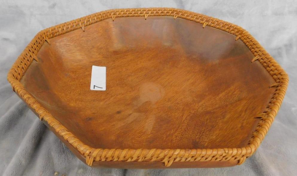 Carved Wood Bowl with Woven Rim - 4" x 14.5" x 14.5": See Photos For Condition and Details