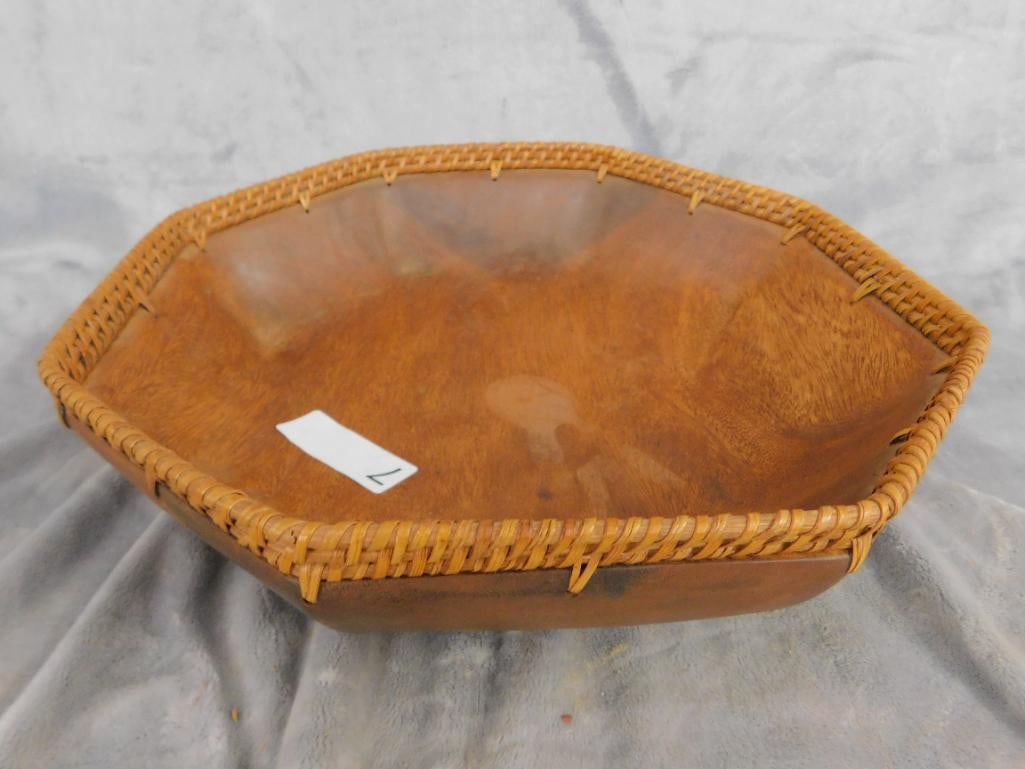 Carved Wood Bowl with Woven Rim - 4" x 14.5" x 14.5" - 7