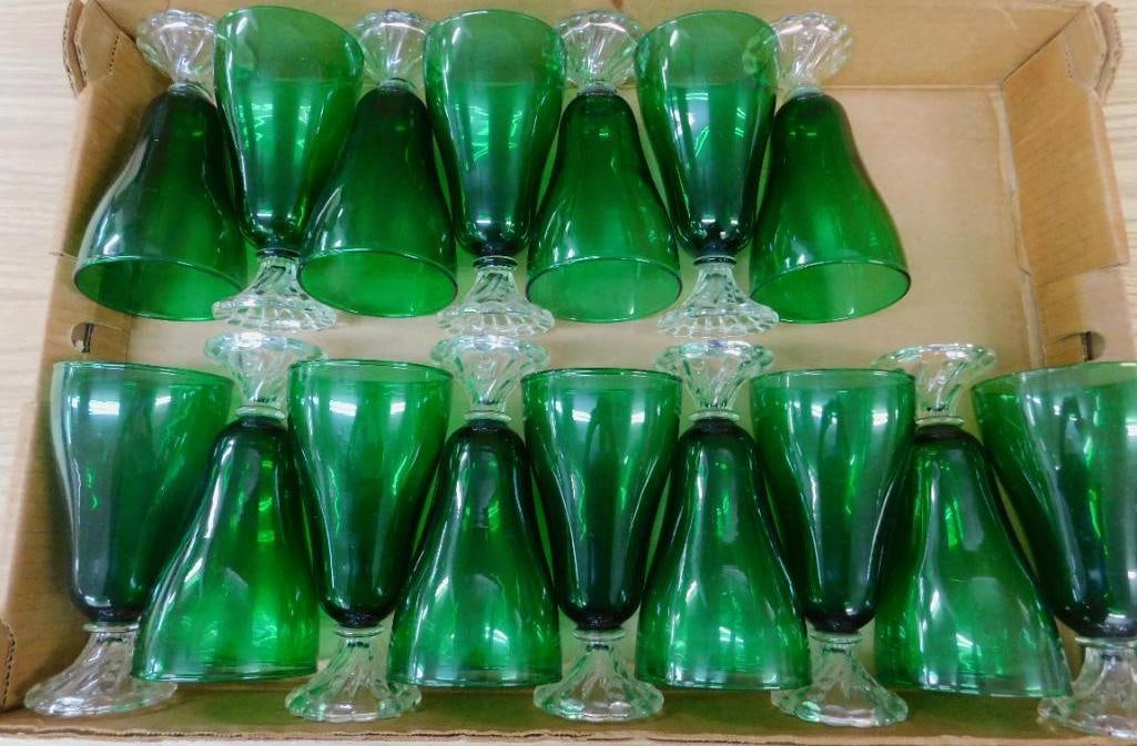 Lot of 16 - 6.75" Green Glass Goblets with Clear Glass Bases: See Photos For Condition and Details