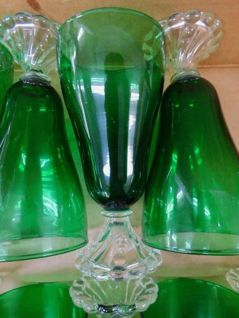 Lot of 16 - 6.75" Green Glass Goblets with Clear Glass Bases - 2