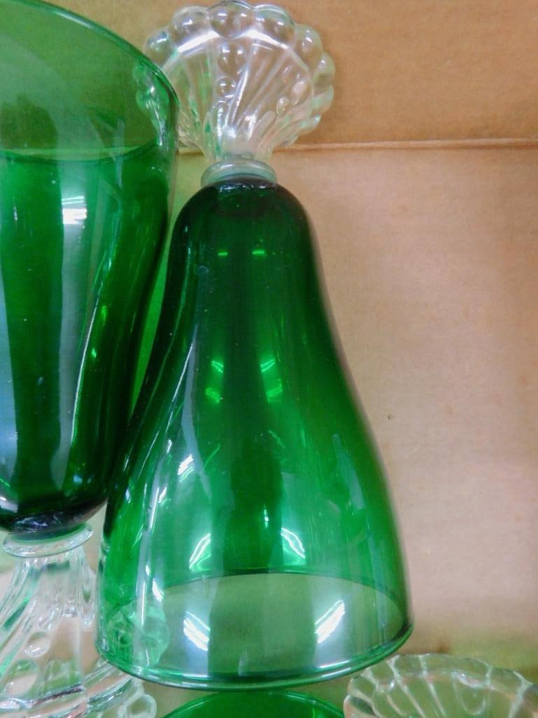 Lot of 16 - 6.75" Green Glass Goblets with Clear Glass Bases - 3
