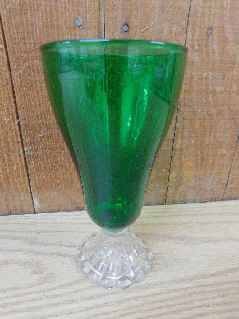 Lot of 16 - 6.75" Green Glass Goblets with Clear Glass Bases - 4