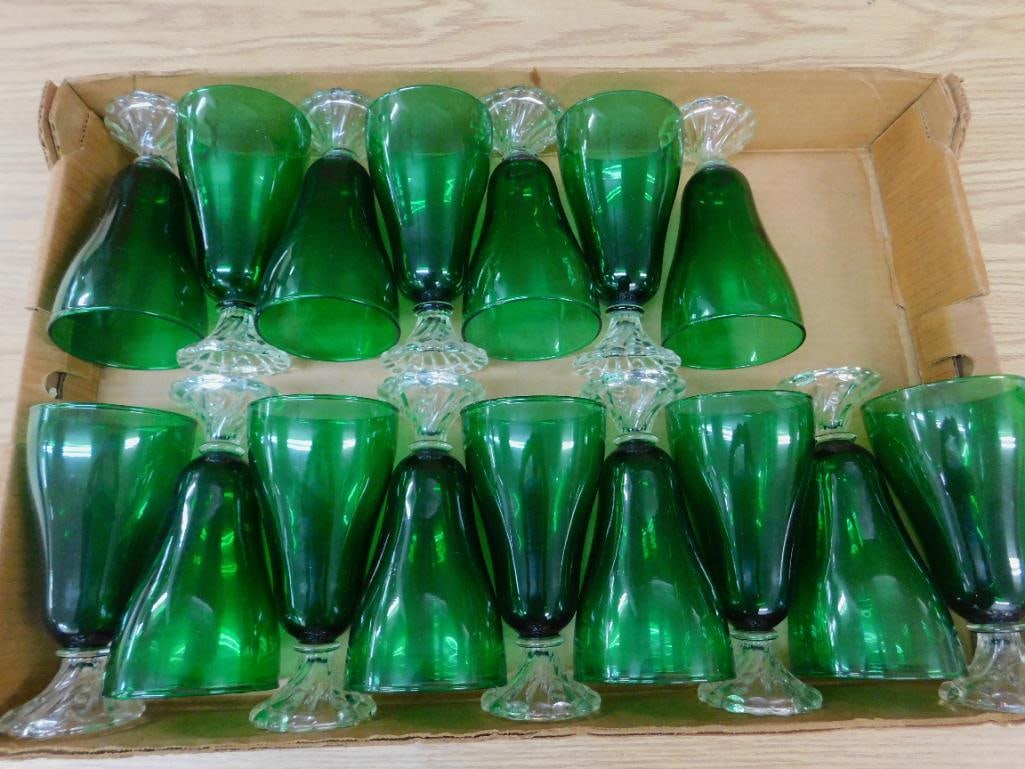 Lot of 16 - 6.75" Green Glass Goblets with Clear Glass Bases - 6