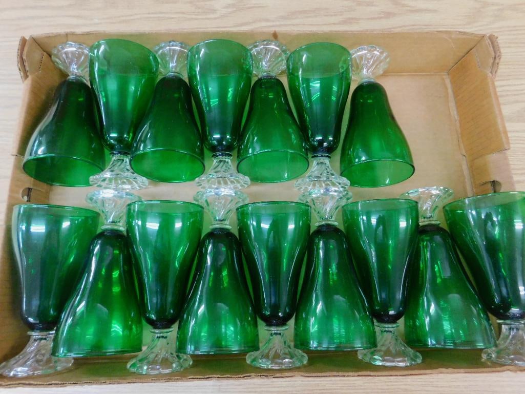 Lot of 16 - 6.75" Green Glass Goblets with Clear Glass Bases - 7