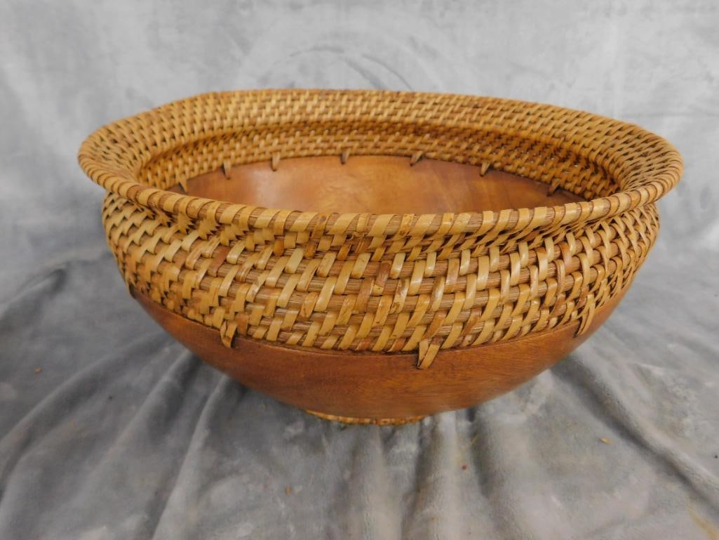 Carved Wood Bowl with Woven Rim and Foot - 8.25" x 14.5" - 10