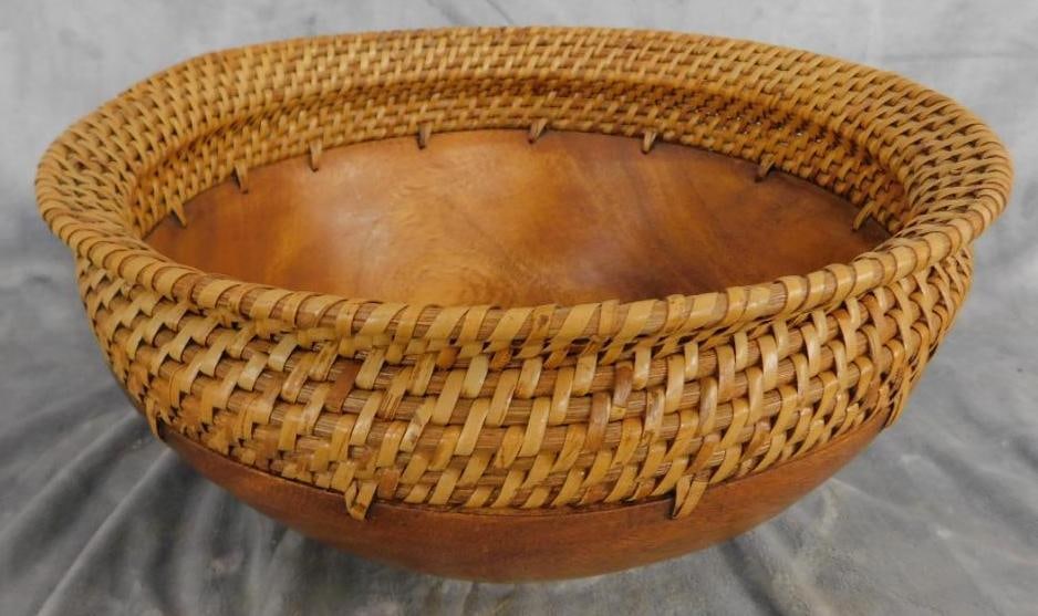 Carved Wood Bowl with Woven Rim and Foot - 8.25" x 14.5": See Photos For Condition and Details