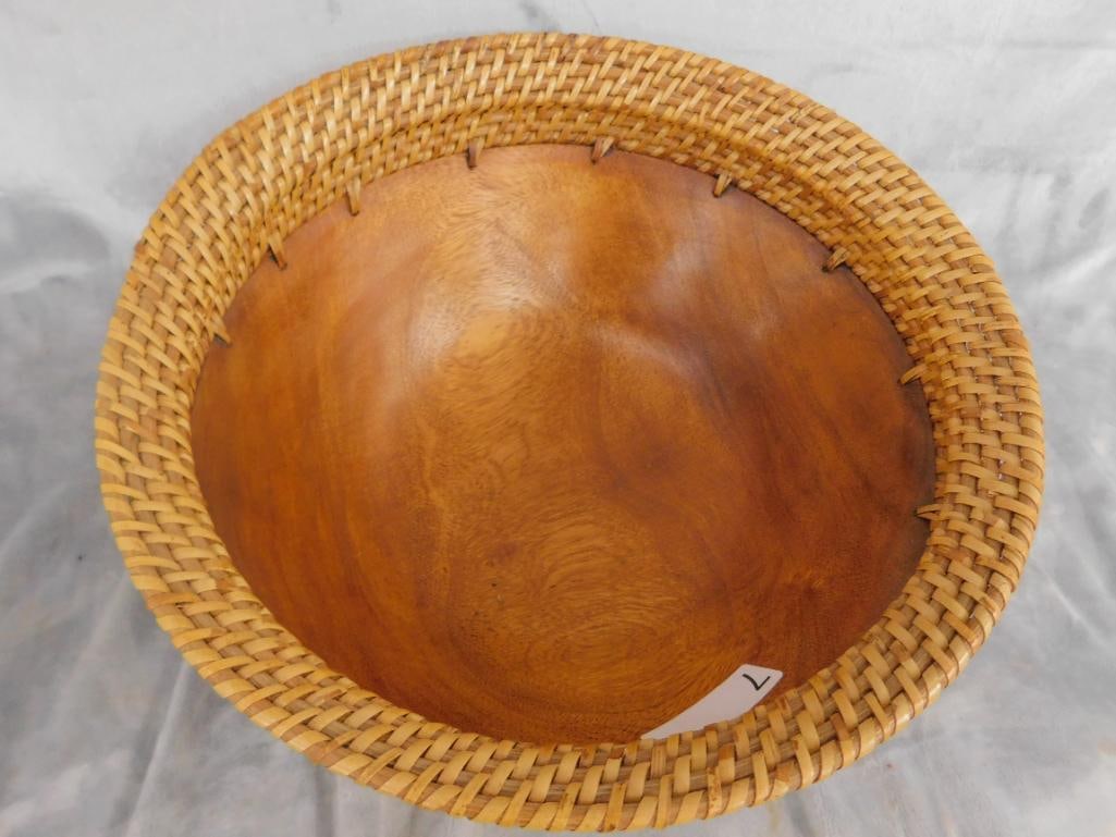 Carved Wood Bowl with Woven Rim and Foot - 8.25" x 14.5" - 2