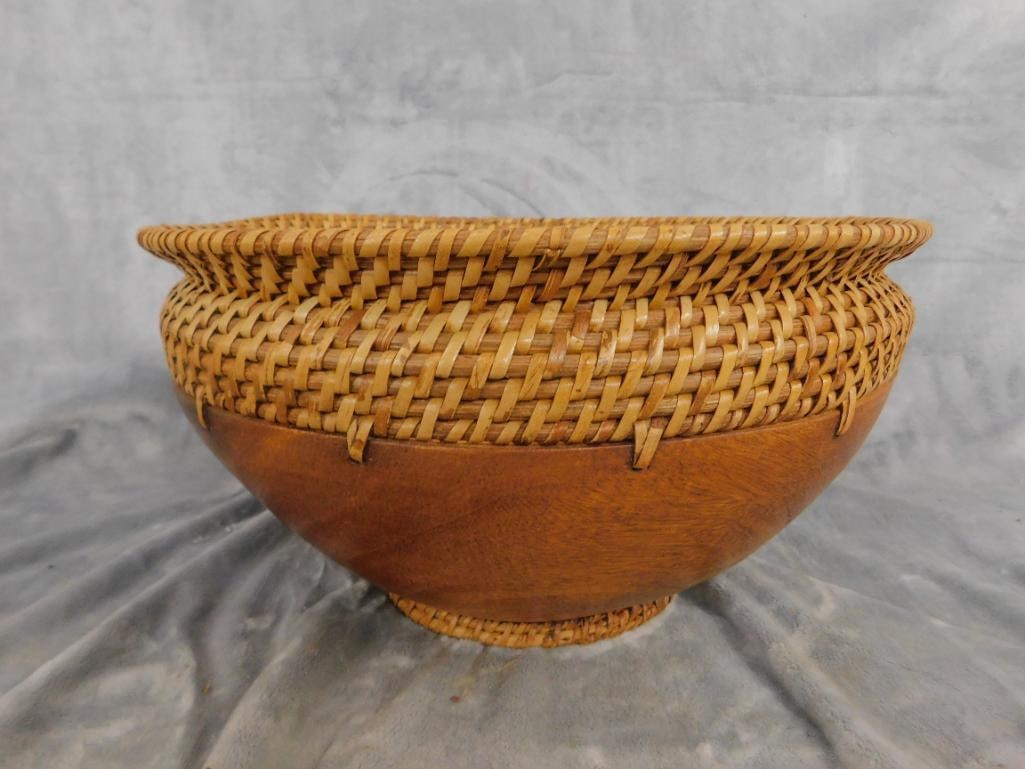 Carved Wood Bowl with Woven Rim and Foot - 8.25" x 14.5" - 3