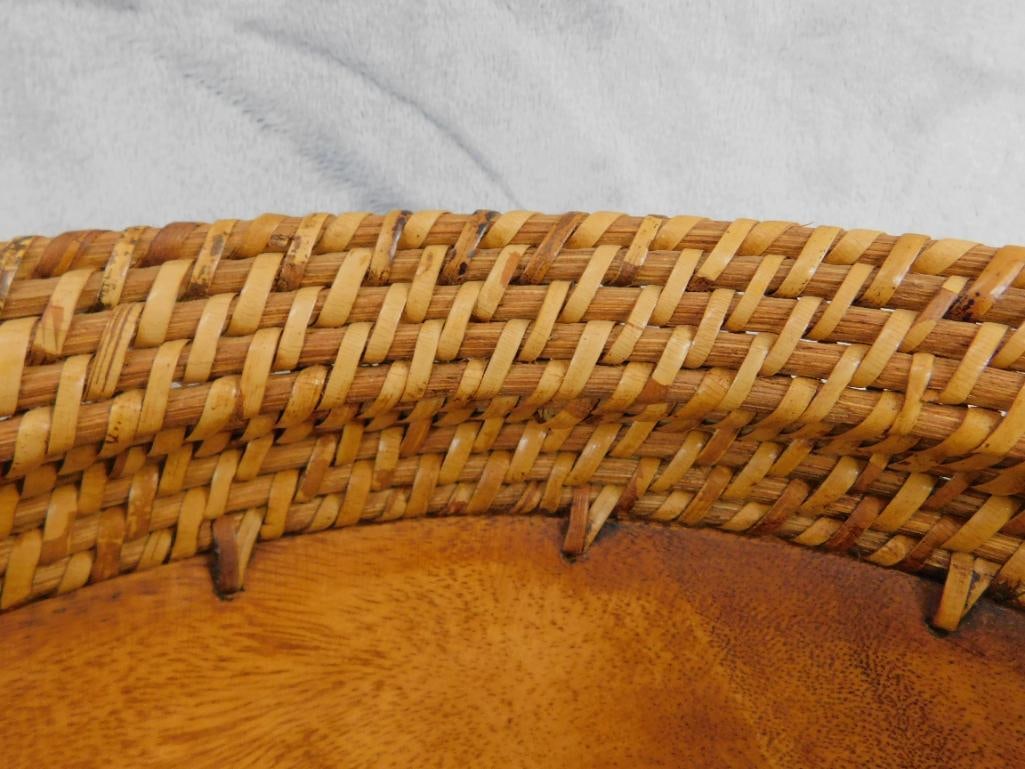Carved Wood Bowl with Woven Rim and Foot - 8.25" x 14.5" - 4