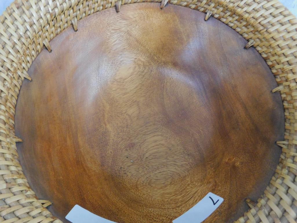 Carved Wood Bowl with Woven Rim and Foot - 8.25" x 14.5" - 5