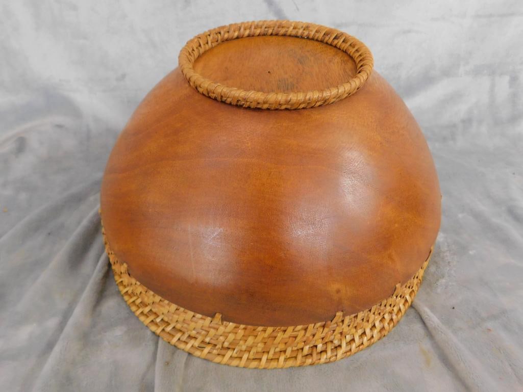 Carved Wood Bowl with Woven Rim and Foot - 8.25" x 14.5" - 6