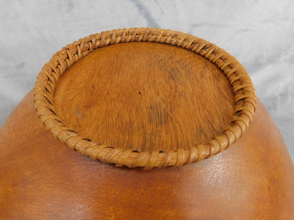 Carved Wood Bowl with Woven Rim and Foot - 8.25" x 14.5" - 7