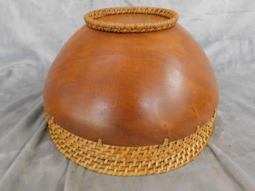 Carved Wood Bowl with Woven Rim and Foot - 8.25" x 14.5" - 8