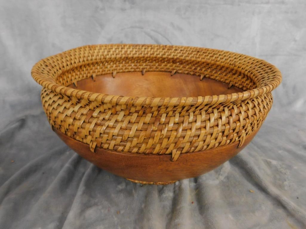 Carved Wood Bowl with Woven Rim and Foot - 8.25" x 14.5" - 9