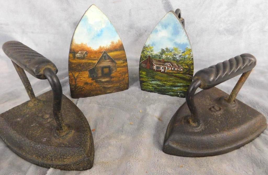 Group of 4 Sad Irons - 2 Are Hand Painted on The Bottom: See Photos For Condition and Details