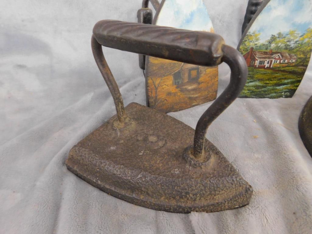 Group of 4 Sad Irons - 2 Are Hand Painted on The Bottom - 6