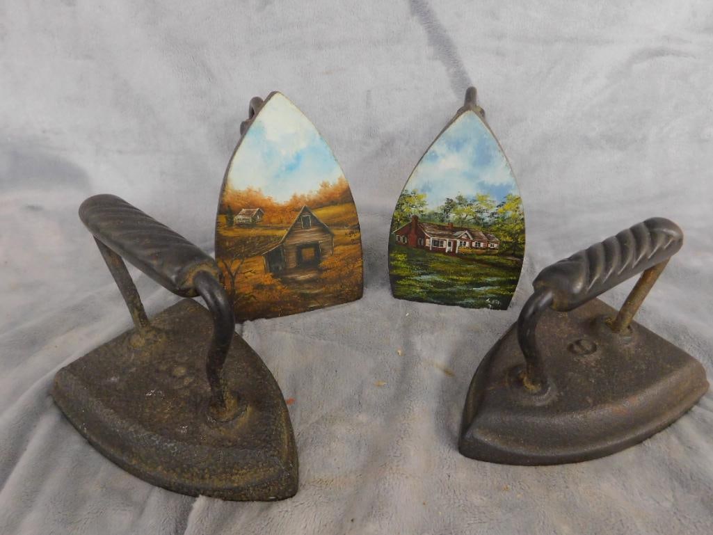 Group of 4 Sad Irons - 2 Are Hand Painted on The Bottom - 8
