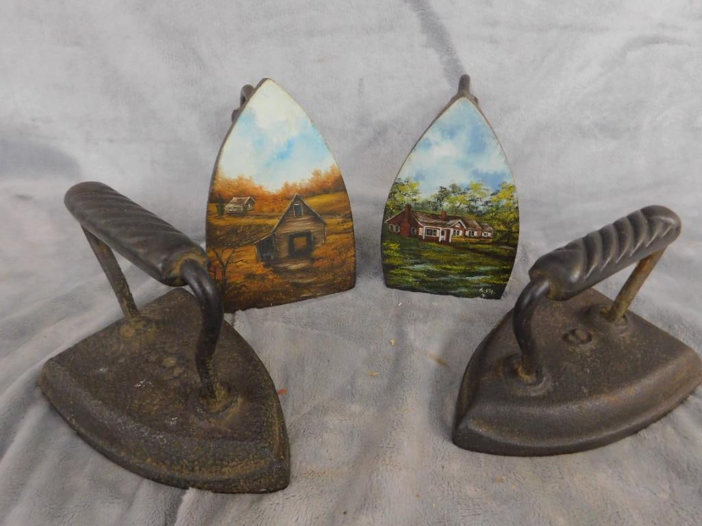 Group of 4 Sad Irons - 2 Are Hand Painted on The Bottom - 9