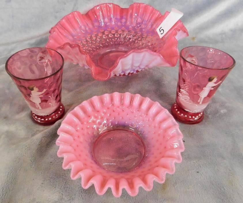 2 Hobnail Pink Glass Bowls 5.5' and 11" Round - 2 Mary Gregory Pink Mugs 3.75" Tall: See Photos For Condition and Details