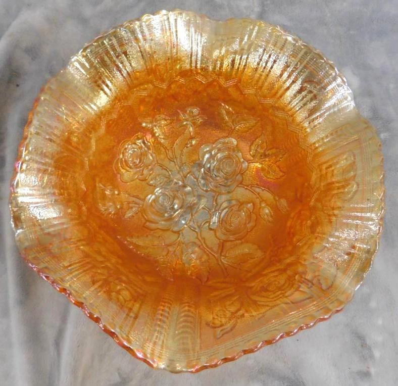 Orange carnival Glass Footed Bowl - Roses - 5" x 11": See Photos For Condition and Details