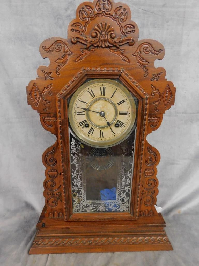 Ansonia Clock Co. - 8 Day Gingerbread Kitchen Clock - Key and Pendulum - 22.5" x 14.5" x 5" - 11