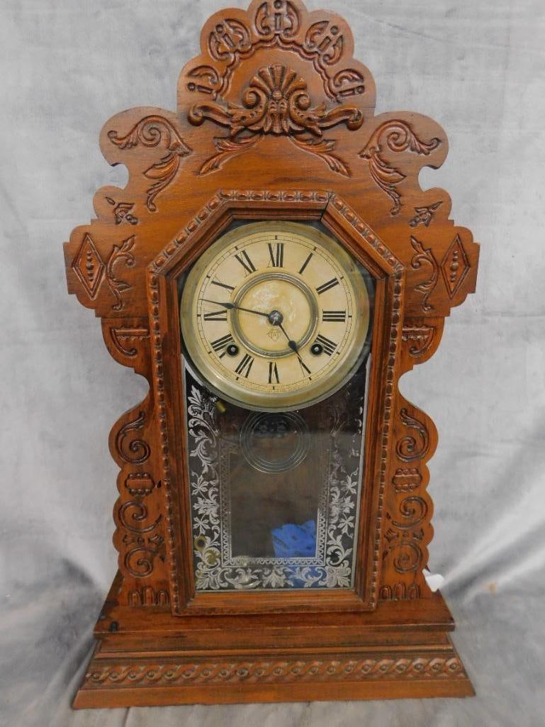 Ansonia Clock Co. - 8 Day Gingerbread Kitchen Clock - Key and Pendulum - 22.5" x 14.5" x 5" - 12