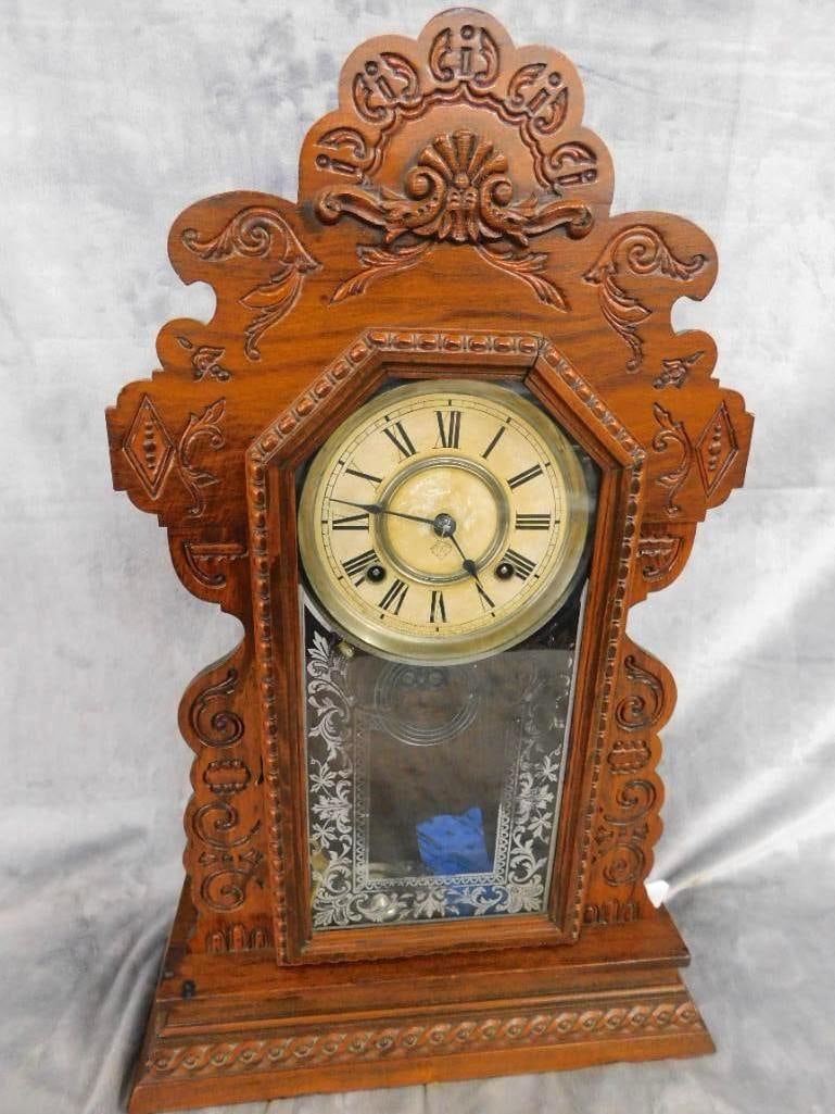 Ansonia Clock Co. - 8 Day Gingerbread Kitchen Clock - Key and Pendulum - 22.5" x 14.5" x 5": See Photos For Condition and Details