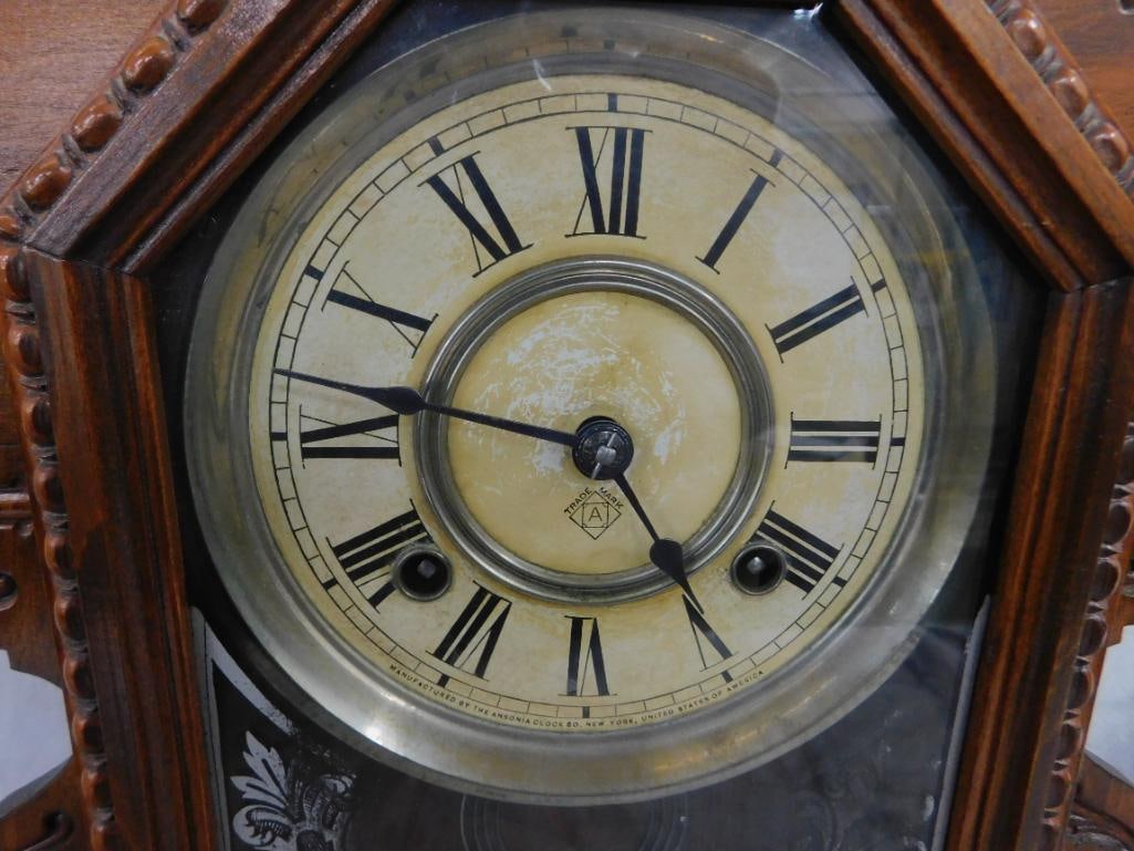 Ansonia Clock Co. - 8 Day Gingerbread Kitchen Clock - Key and Pendulum - 22.5" x 14.5" x 5" - 2