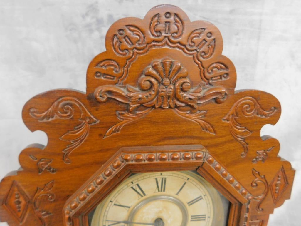 Ansonia Clock Co. - 8 Day Gingerbread Kitchen Clock - Key and Pendulum - 22.5" x 14.5" x 5" - 4