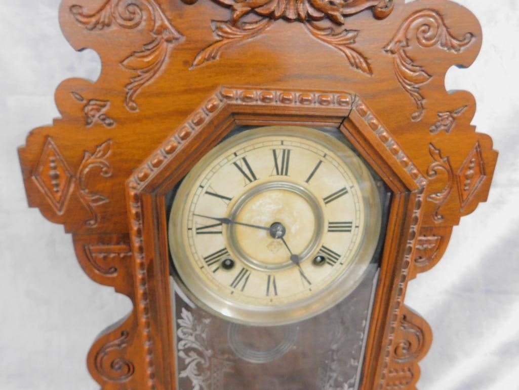 Ansonia Clock Co. - 8 Day Gingerbread Kitchen Clock - Key and Pendulum - 22.5" x 14.5" x 5" - 5