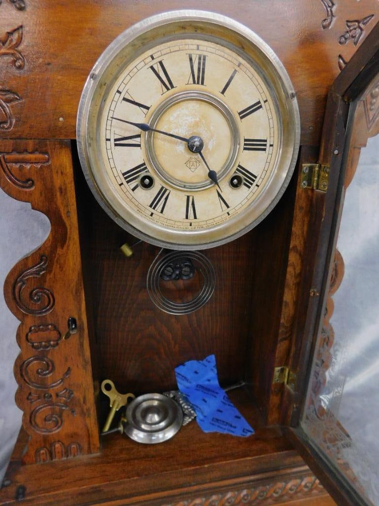Ansonia Clock Co. - 8 Day Gingerbread Kitchen Clock - Key and Pendulum - 22.5" x 14.5" x 5" - 7