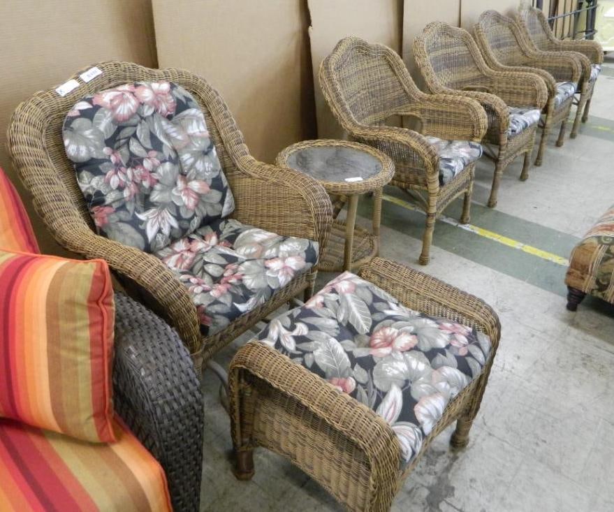 7 Piece Set PVC Wicker Glider Chair & Ottoman - Table & 4 Chairs - Chair 35" x 30" x 27": See Photos For Condition and Details