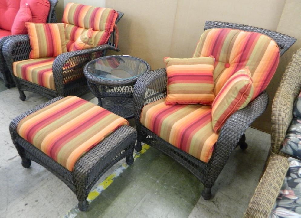 PVC Wicker 4 Piece Set - 2 Chairs - Ottoman - Glass Top Table - Chair 34" x 34" x 37": See Photos For Condition and Details
