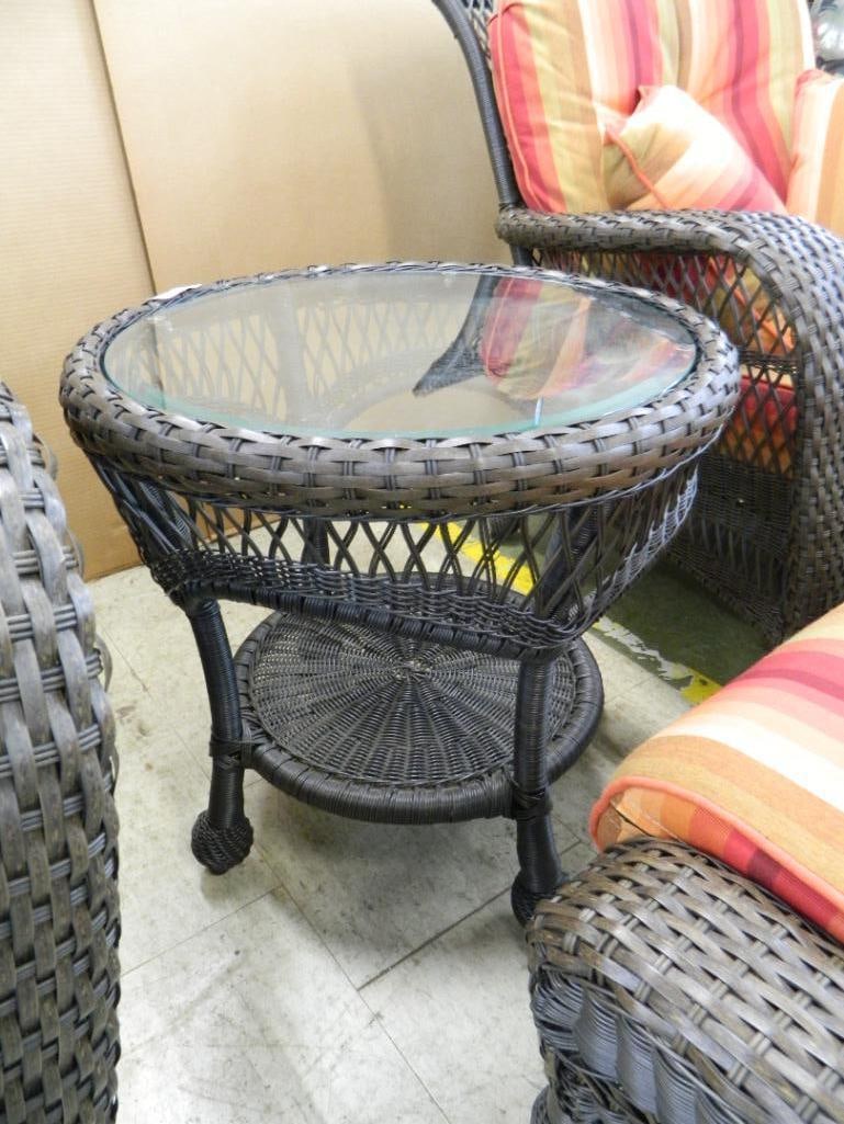 PVC Wicker 4 Piece Set - 2 Chairs - Ottoman - Glass Top Table - Chair 34" x 34" x 37" - 5
