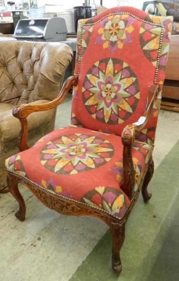 Carved wood Upholstered Arm Chair with Tacks - 47" x 28" x 29": See Photos For Condition and Details