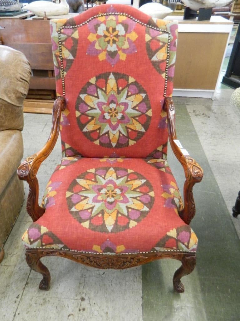 Carved wood Upholstered Arm Chair with Tacks - 47" x 28" x 29" - 2