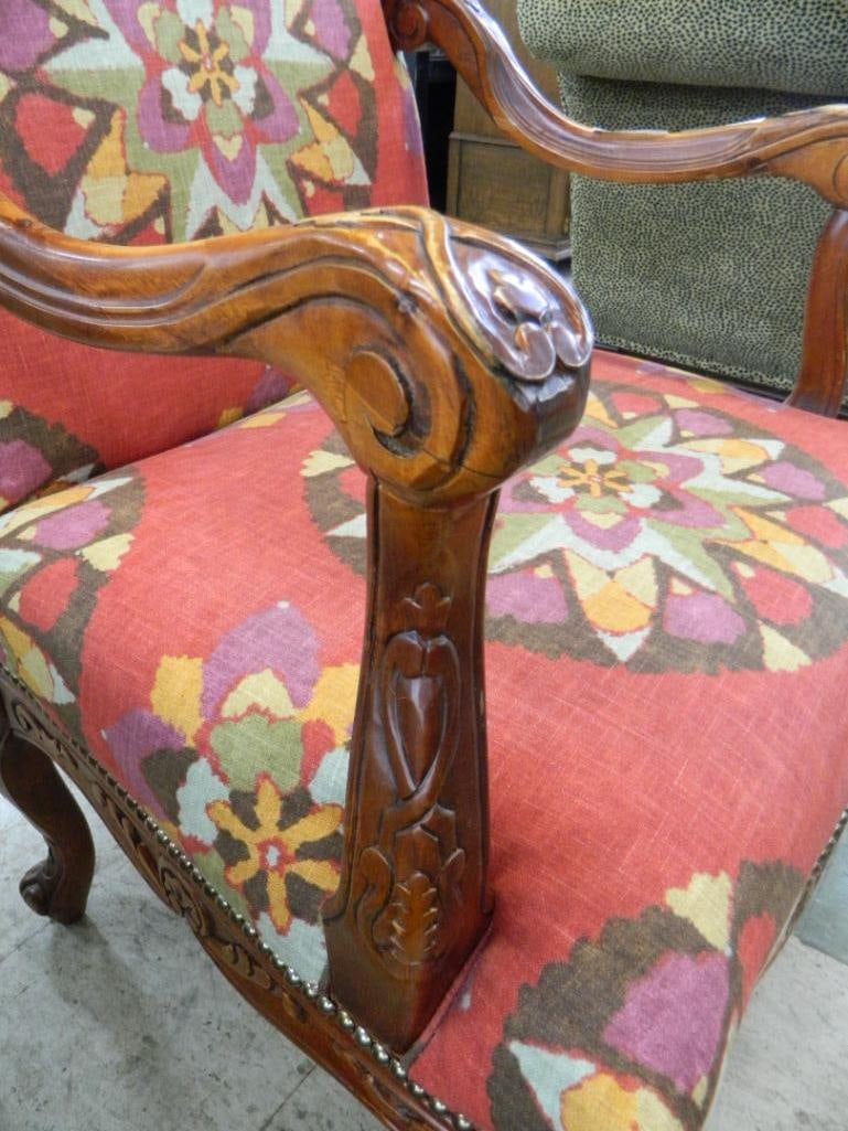 Carved wood Upholstered Arm Chair with Tacks - 47" x 28" x 29" - 3