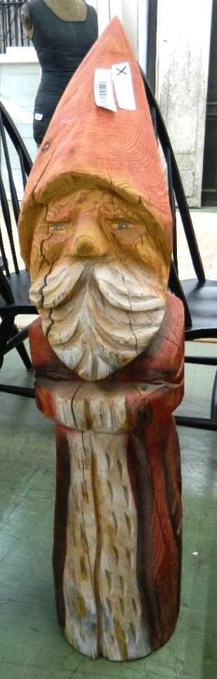 Carved Wood Gnome / Santa - 41" x 10" x 10": See Photos For Condition and Details