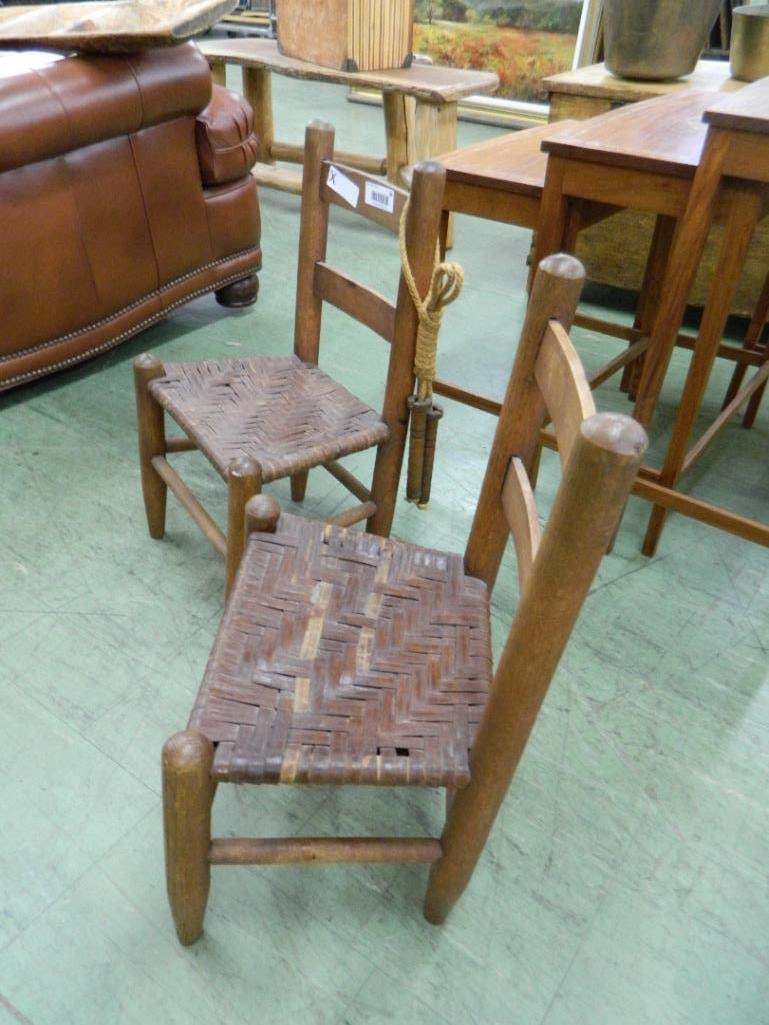 Pair of Vintage Childrens Ladder Back Chairs - Rush Seats - Each 24" x 14" x 11.5" - 2