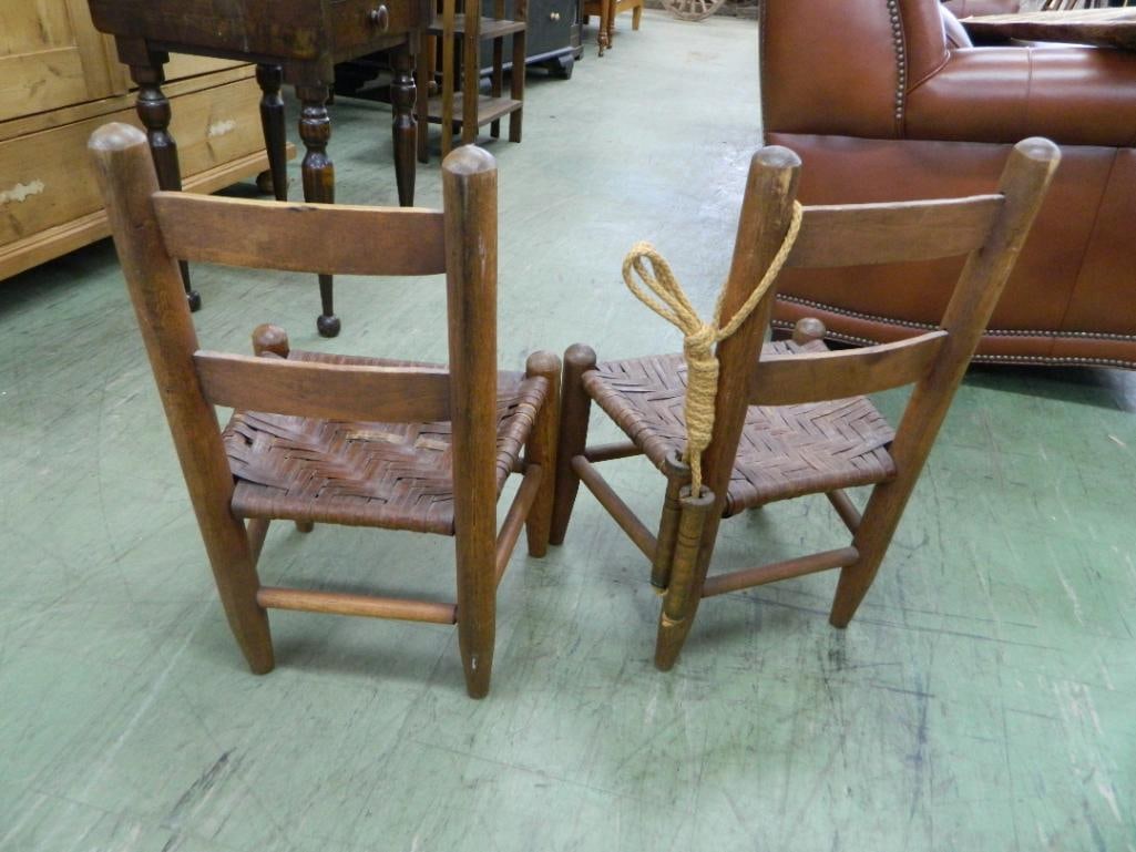 Pair of Vintage Childrens Ladder Back Chairs - Rush Seats - Each 24" x 14" x 11.5" - 4
