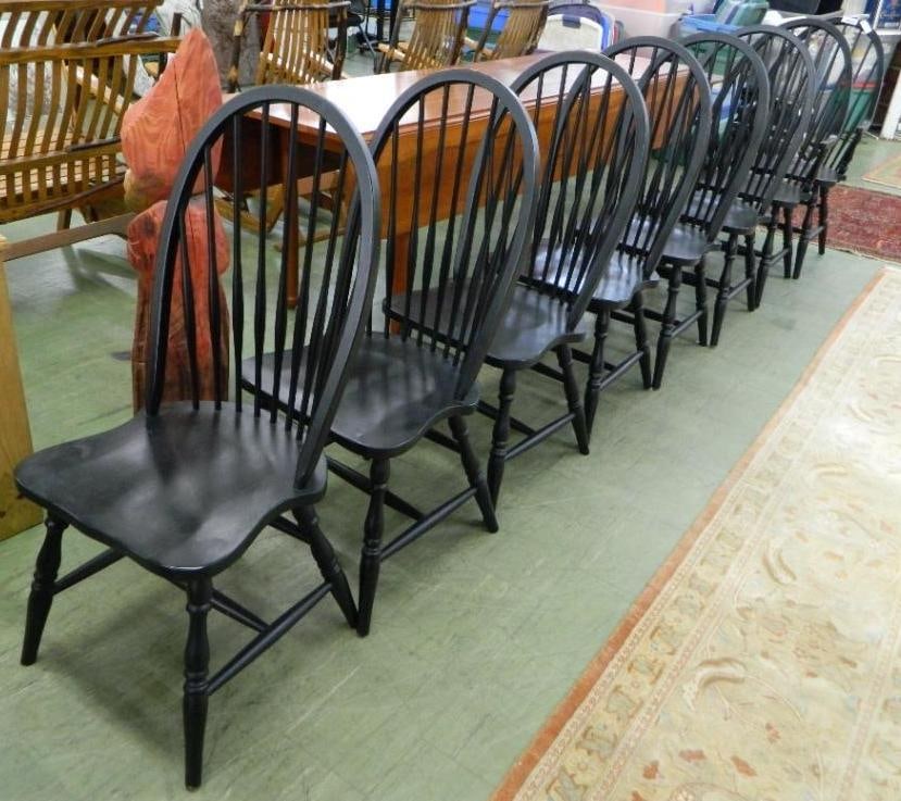Group of 8 Black Painted Windsor Chairs - 2 Arm - 6 Side - Arm Chairs 41" x 21.5" x 24": See Photos For Condition and Details